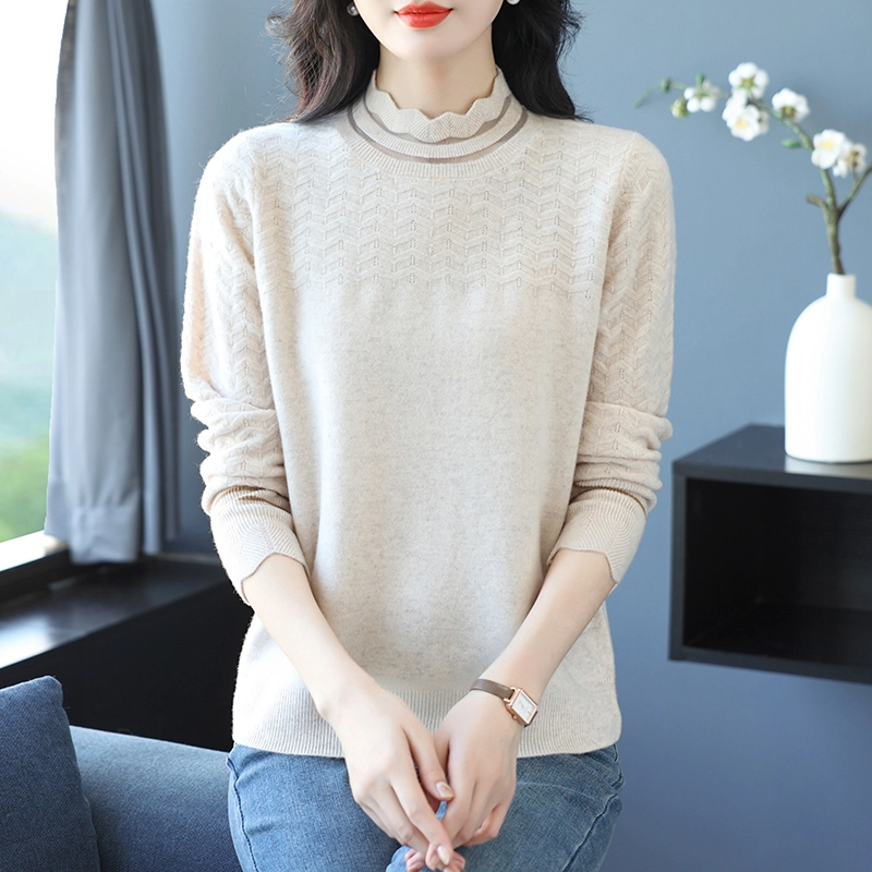 恒源祥 气质百搭显瘦纯色花边半高领羊毛打底针织衫 女款