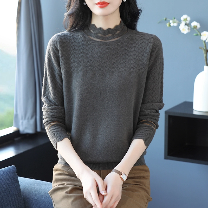 恒源祥 气质百搭显瘦纯色花边半高领羊毛打底针织衫 女款