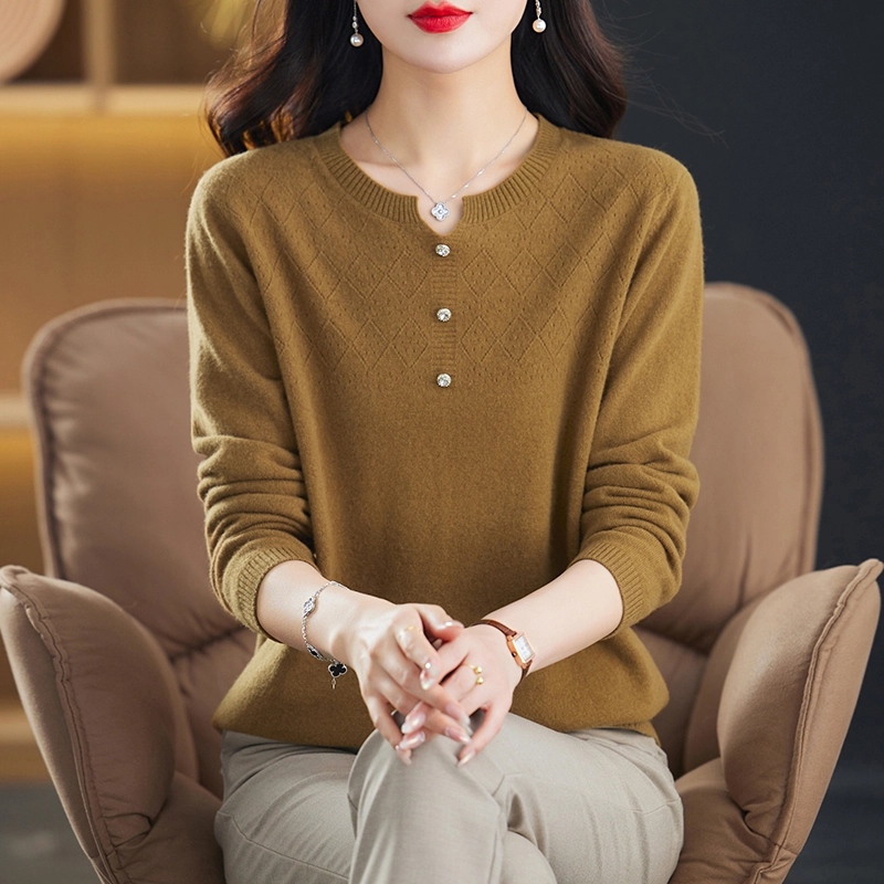 恒源祥 纯色百搭质感菱形纹路圆领羊毛打底针织衫 女款