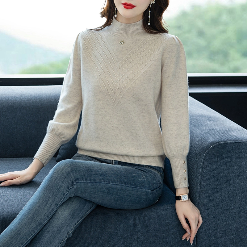 恒源祥 简约时尚百搭半高领纯色套头长袖羊毛针织衫 女款