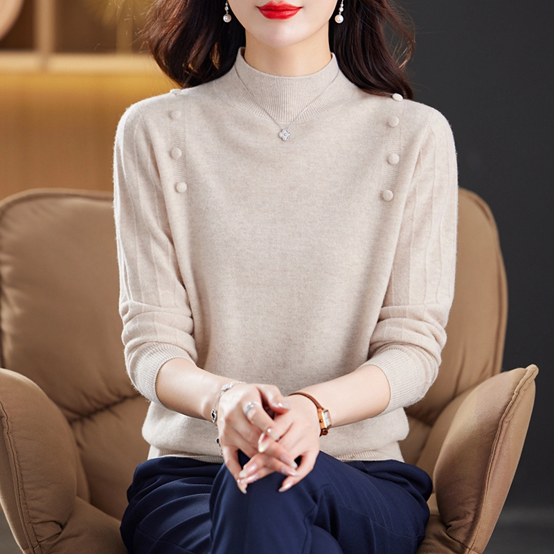 恒源祥 时尚优雅百搭修身半高领纯色长袖羊毛打底针织衫 女款