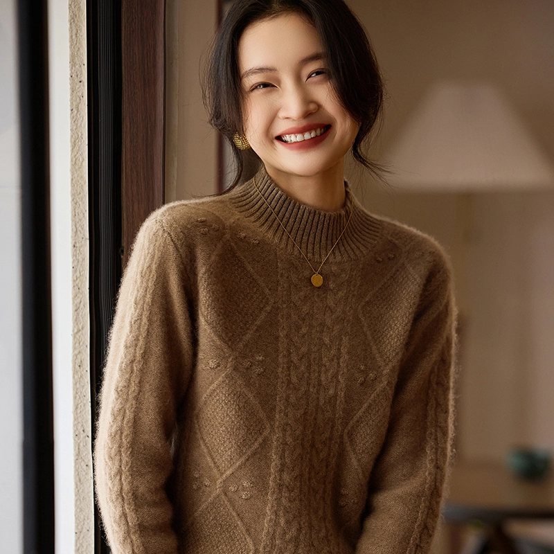 恒源祥 纯色宽松适中半高领长袖针织衫 女款