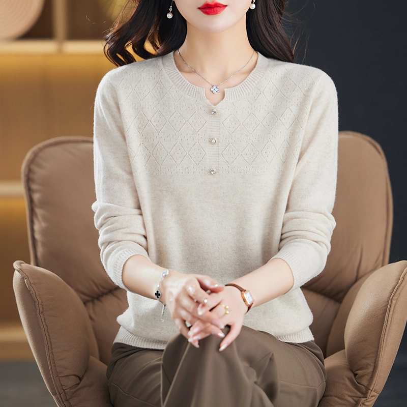 恒源祥 纯色百搭质感菱形纹路圆领羊毛打底针织衫 女款