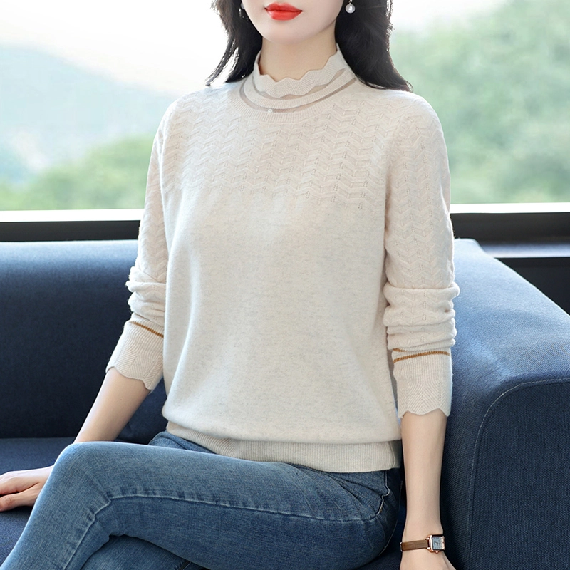 恒源祥 气质百搭显瘦纯色花边半高领羊毛打底针织衫 女款