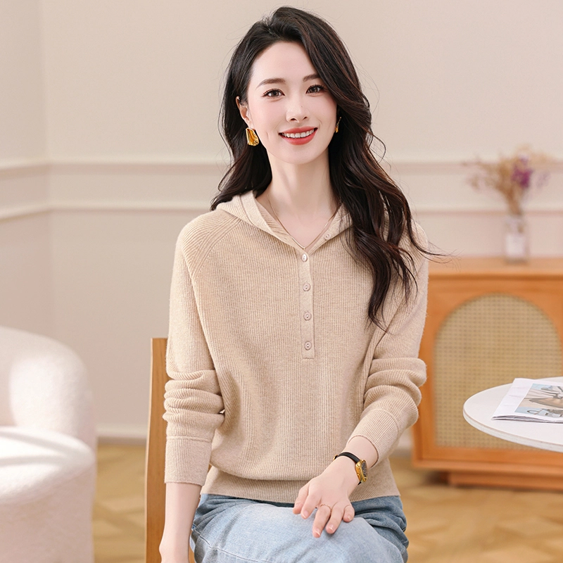 恒源祥 休闲百搭纯色连帽长袖针织衫 女款