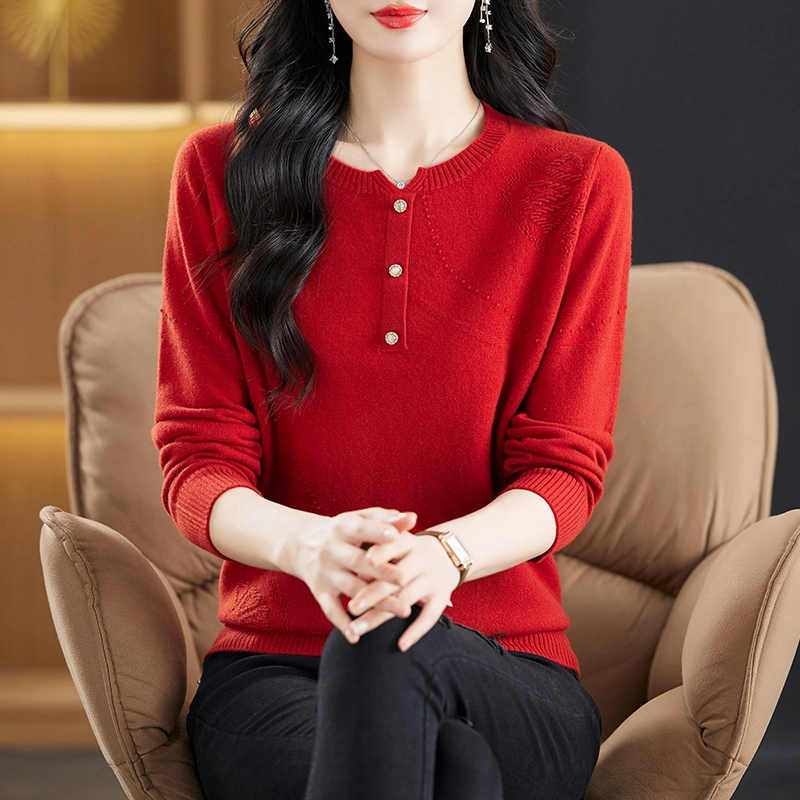 恒源祥 纯色休闲简约百搭减龄圆领羊毛长袖打底针织衫 女款