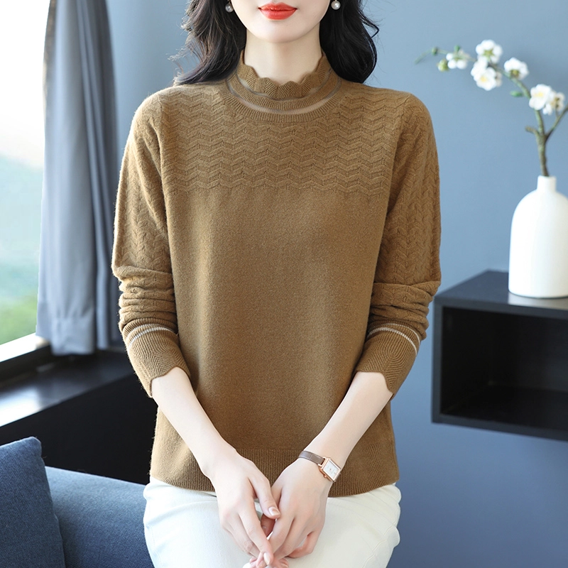 恒源祥 气质百搭显瘦纯色花边半高领羊毛打底针织衫 女款