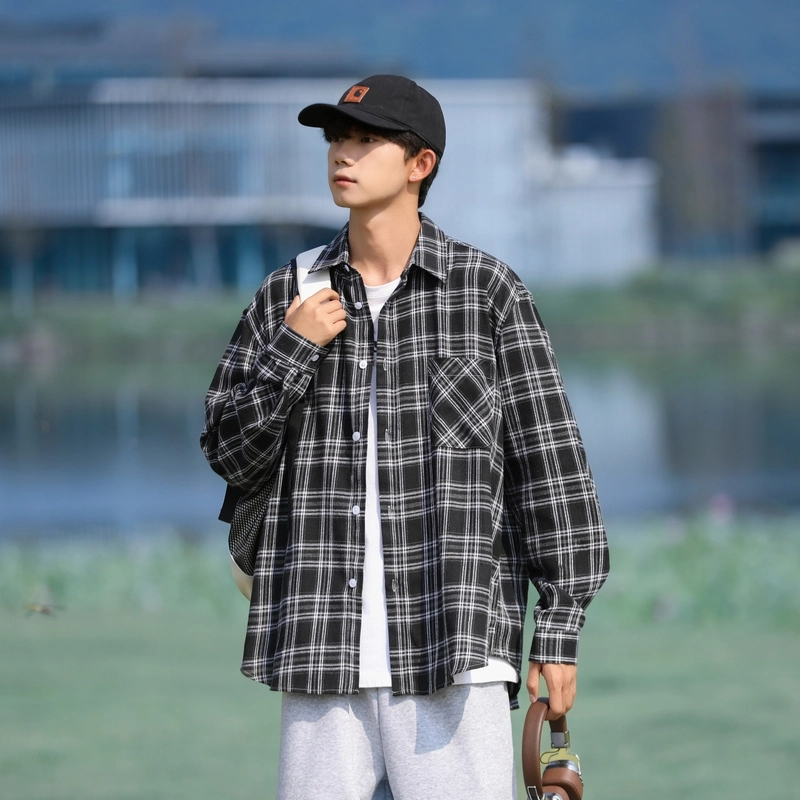 快鱼 美式街头多巴胺创意水彩格子翻领单排扣时尚宽松休闲舒适百搭透气校园氛围感长袖学院风复古潮流格纹衬衫 男女同款