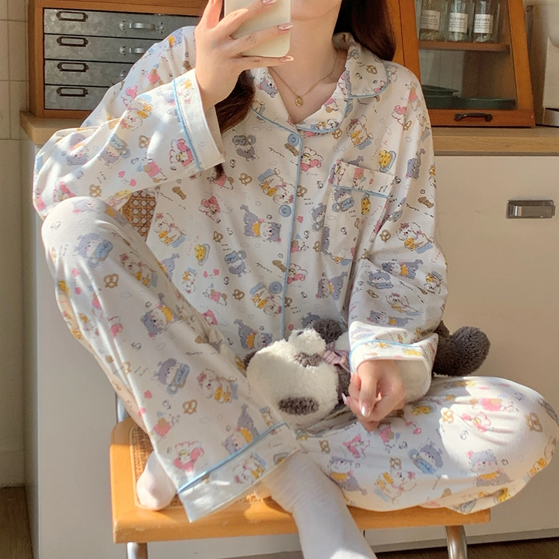 俞兆林 彩色小狗卡通口袋翻领开衫亲肤舒适长袖长裤透气睡衣套装 女款 白色
