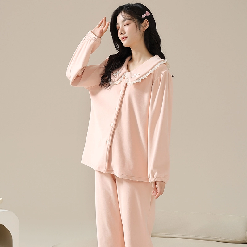 俞兆林 甜美纯色时尚少女娃娃领长袖长袖海岛绒加厚蓄温休闲亲肤睡衣套装 秋冬季 女款