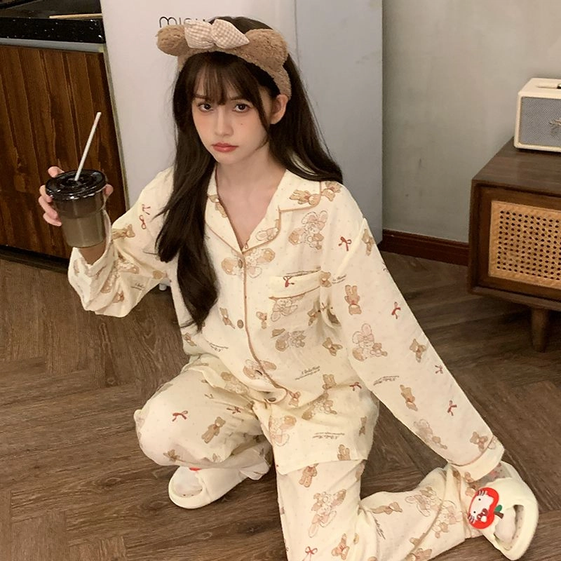 俞兆林 可爱时尚卡通高级感柔软纯棉翻领甜美少女学生舒适长袖长裤家居服睡衣套装 秋冬季 女款