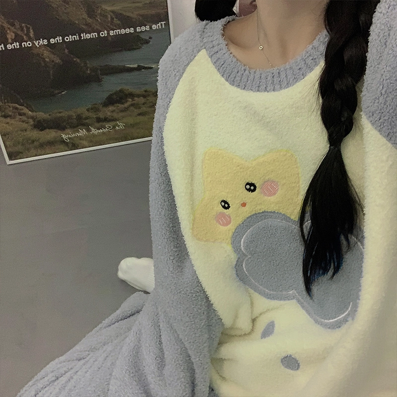俞兆林 简约可爱云朵星星卡通甜美长袖长裤保暖休闲舒适睡衣套装 女款 灰色
