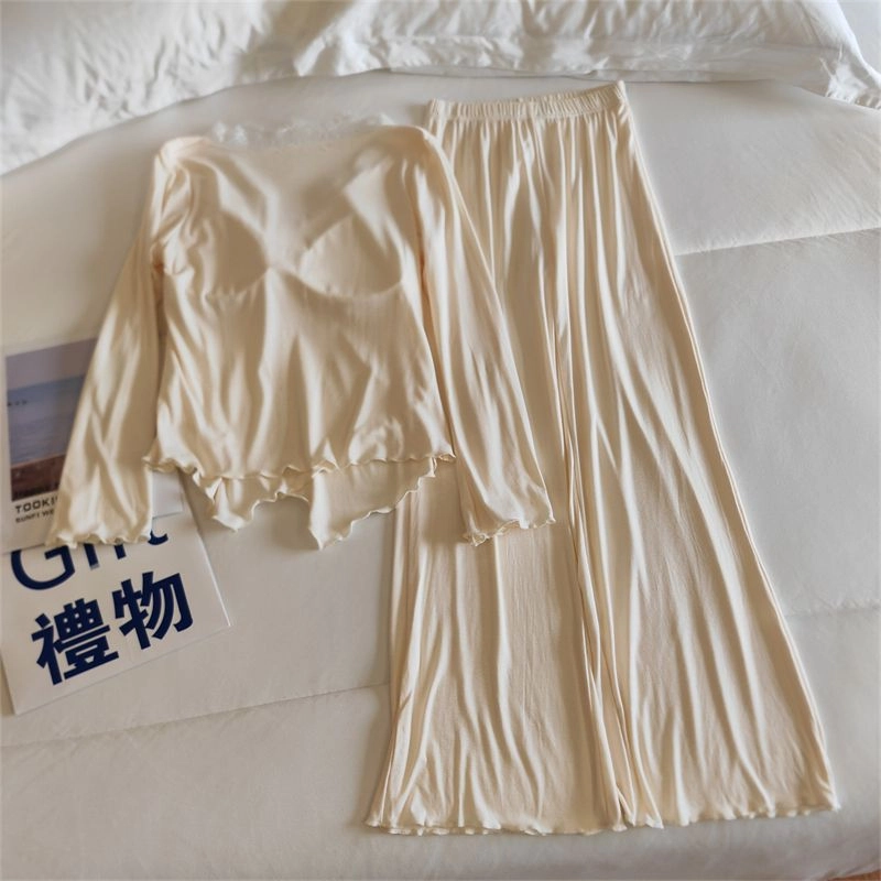 俞兆林 柔软莫代尔带胸垫夏天轻奢高级感纯色长袖长裤宽松舒适两件套家居服睡衣礼盒 夏季 女款