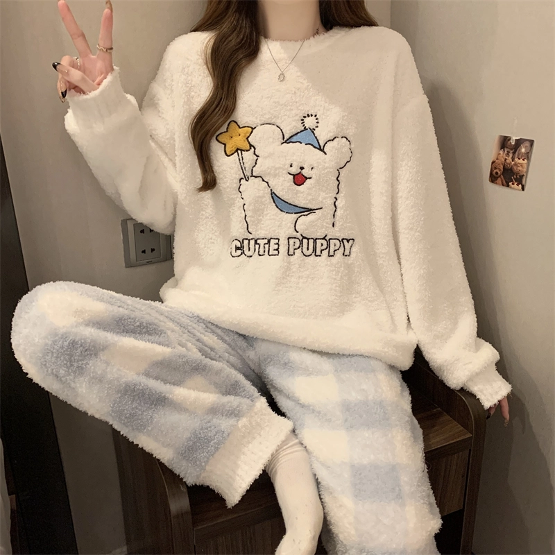 俞兆林 甜美可爱卡通简约时尚亲肤长袖长裤保暖舒适家居服睡衣套装 女款 白色