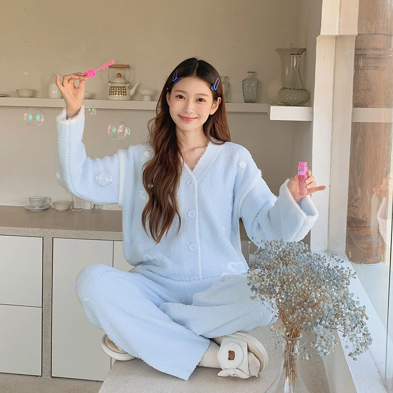 俞兆林 高级感时尚加厚半边绒长袖长裤柔软舒适家居服睡衣套装 女款 蓝色