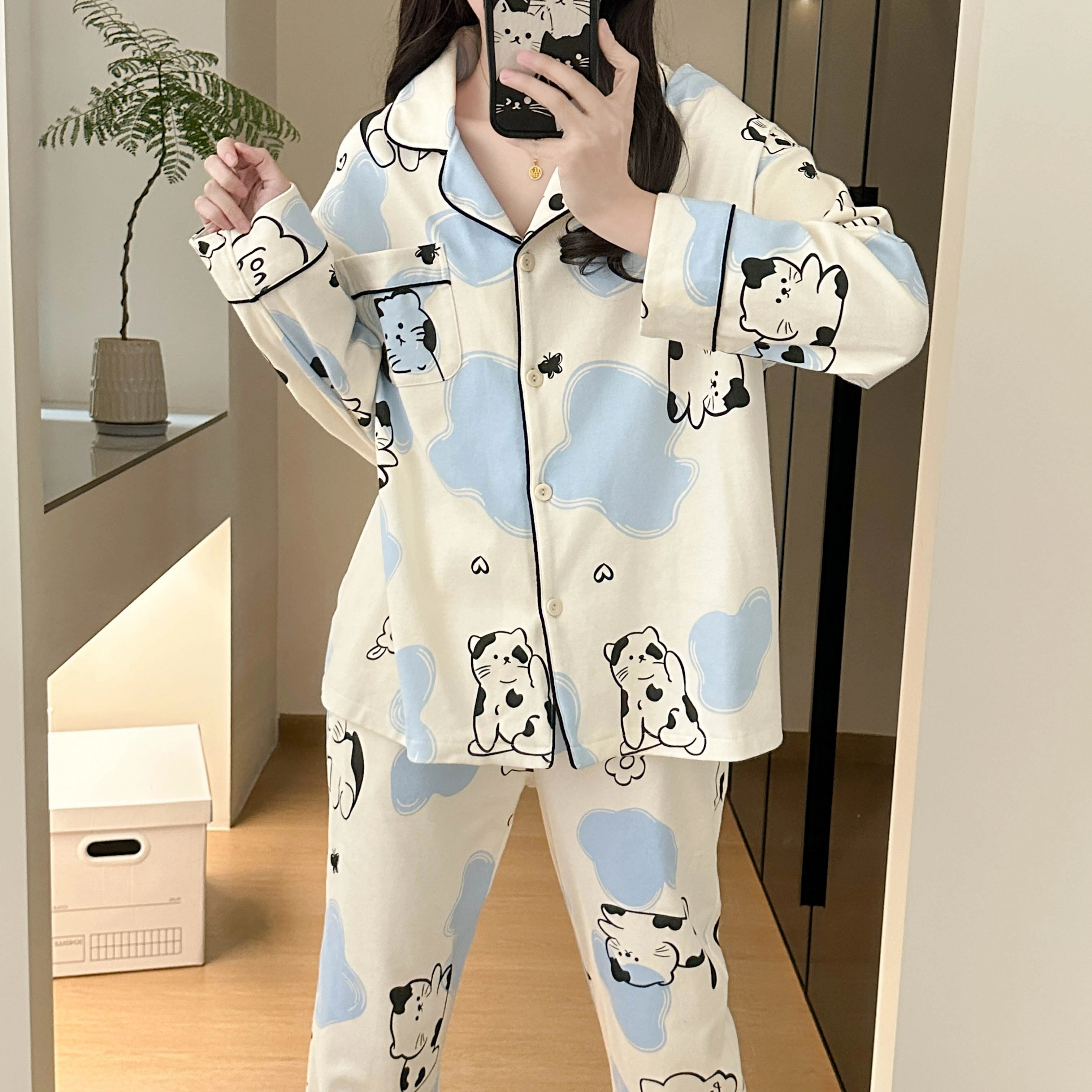 俞兆林 亲肤轻柔可爱卡通开衫翻领舒适家居服睡衣套装 女款 杏色