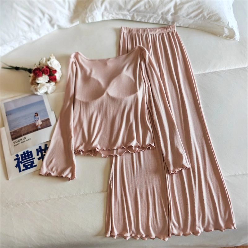 俞兆林 夏天超火带胸垫轻奢高级感纯色柔软莫代尔长袖长裤两件套休闲家居服睡衣礼盒 夏季 女款