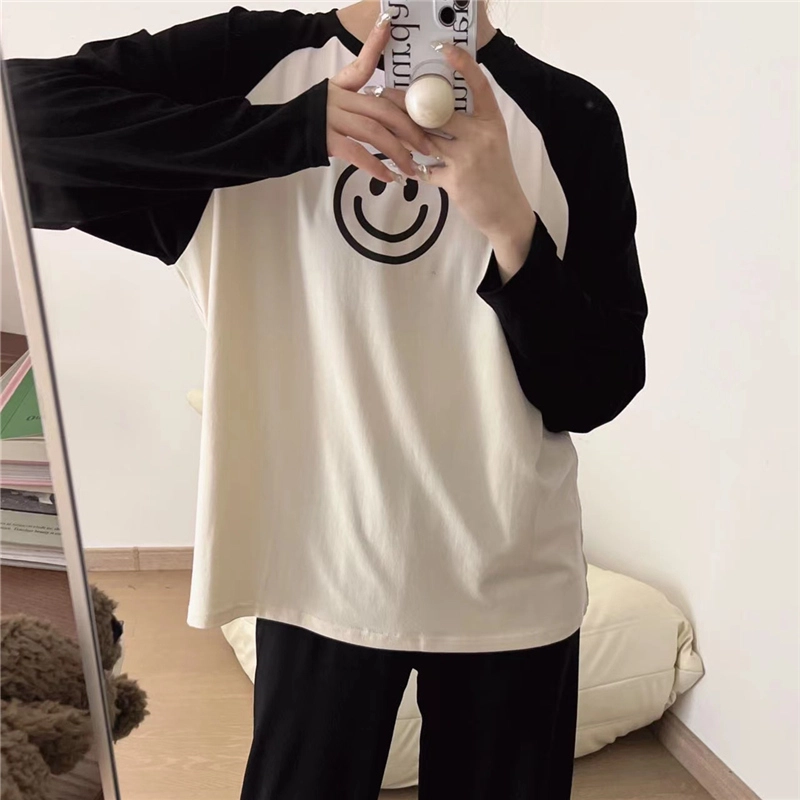 俞兆林 高级感笑脸圆领可爱长袖长裤可外穿家居服睡衣套装 女款 黑杏