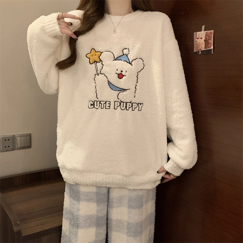 俞兆林 甜美可爱卡通简约时尚亲肤长袖长裤保暖舒适家居服睡衣套装 女款 白色