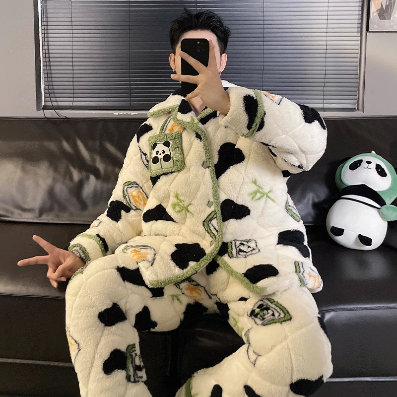 俞兆林 简约满印可爱卡通加绒加厚翻领长袖上衣亲肤舒适家居服长裤睡衣套装 男款 杏色