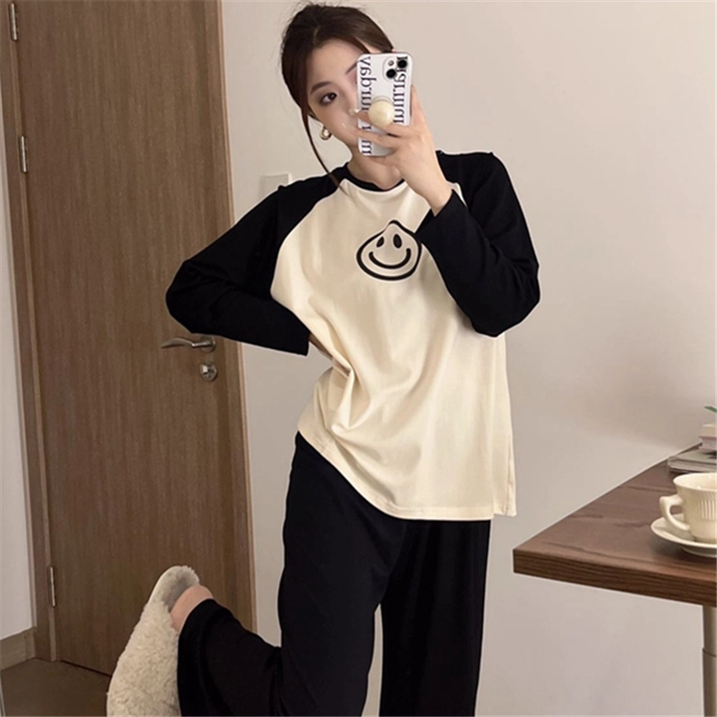俞兆林 高级感笑脸圆领可爱长袖长裤可外穿家居服睡衣套装 女款 黑杏