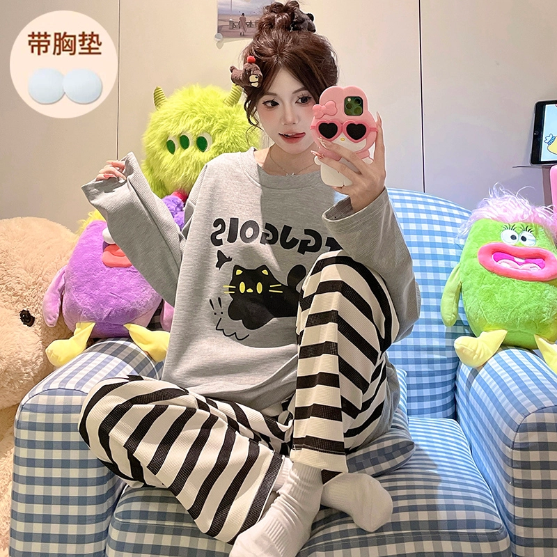 俞兆林 带胸垫简约小黑猫英文卡通圆领柔软亲肤棉质长袖长裤休闲睡衣套装 女款 灰色
