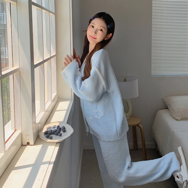 俞兆林 高级感时尚加厚半边绒长袖长裤柔软舒适家居服睡衣套装 女款 蓝色
