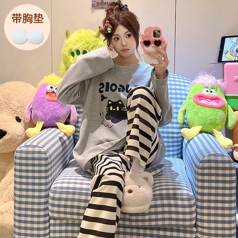 俞兆林 带胸垫简约小黑猫英文卡通圆领柔软亲肤棉质长袖长裤休闲睡衣套装 女款 灰色