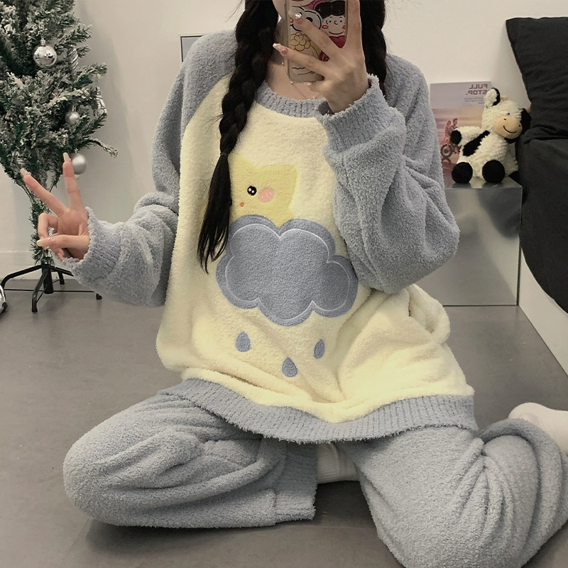 俞兆林 简约可爱云朵星星卡通甜美长袖长裤保暖休闲舒适睡衣套装 女款 灰色