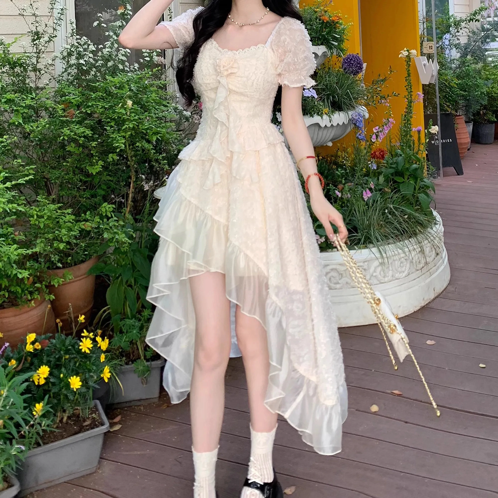 依钗 时尚气质拼接设计不规则纯色方领中长款短袖连衣裙 女款 杏色