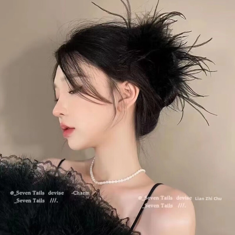 丹琴 超仙鸵鸟毛毛抓夹大号后脑勺新款盘发鲨鱼高级夹子发卡头饰 羽毛 发夹 女款