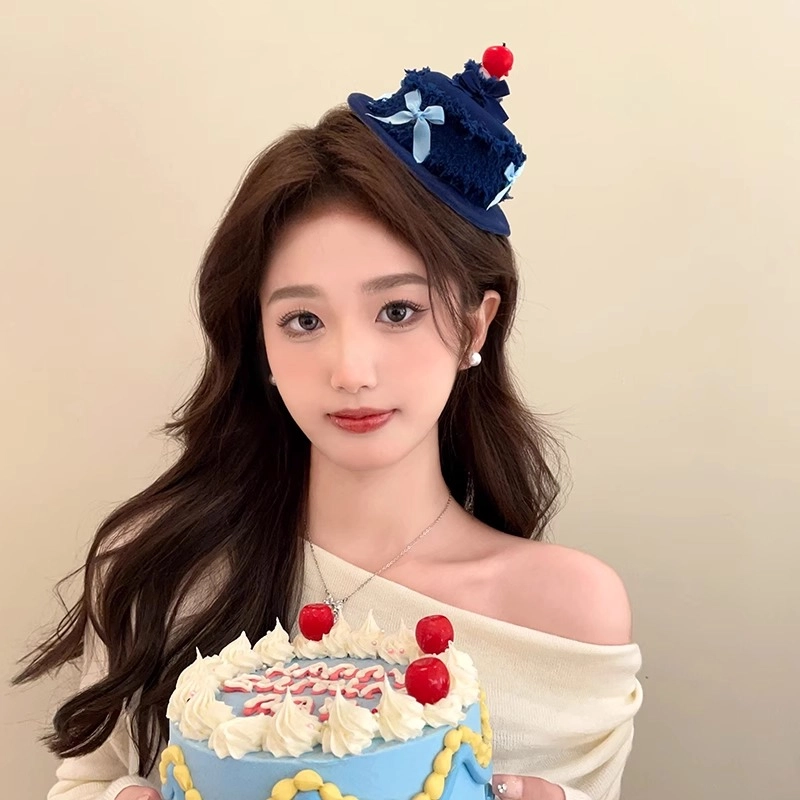 丹琴 可点燃 奶油蛋糕牛仔生日帽边夹蜡烛发卡创意搞怪拍照玩具帽子头饰 布艺 发夹 女款