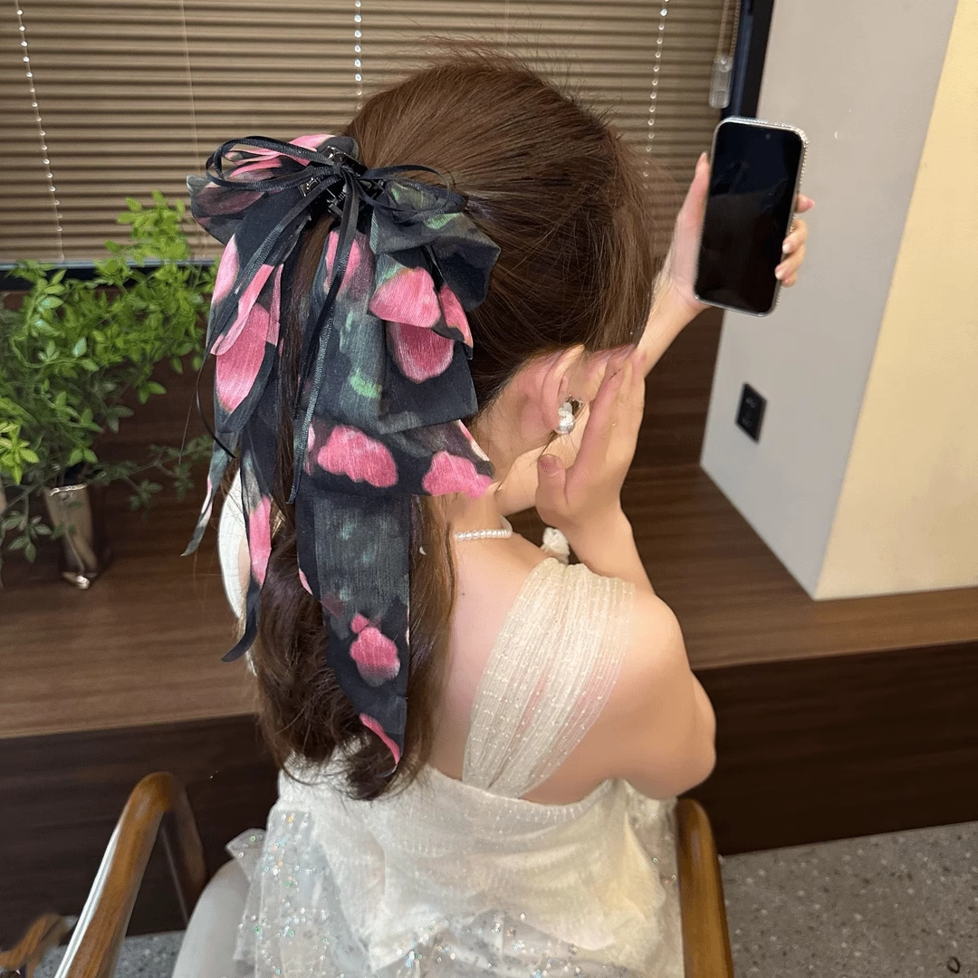 丹琴 法式玫瑰碎花飘带蝴蝶结抓夹 甜美半扎马尾夹高级感后脑勺头饰 雪纺 发夹 女款
