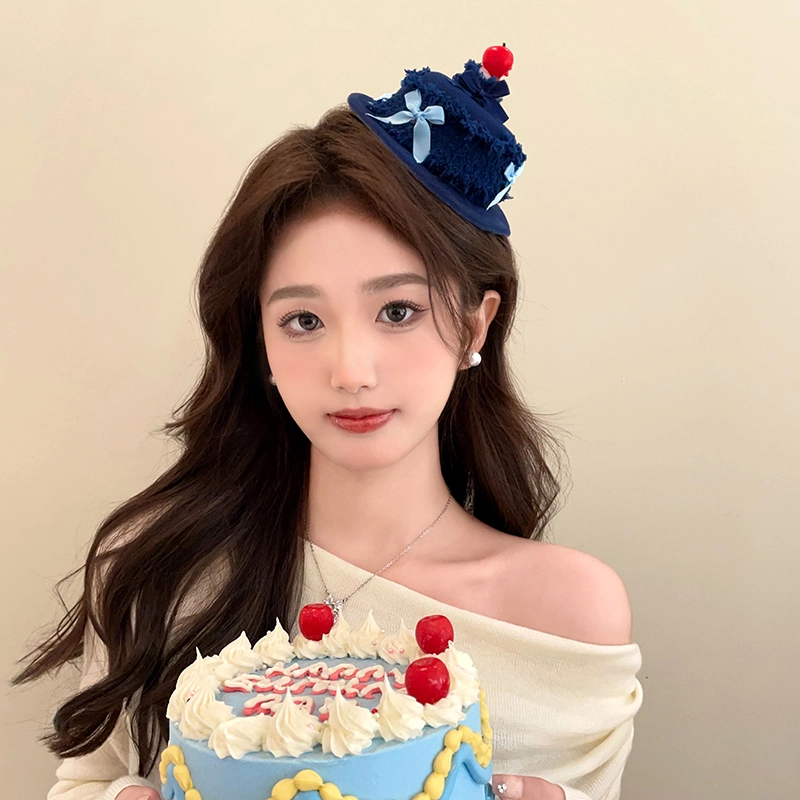 丹琴 可点燃 奶油蛋糕牛仔生日帽边夹蜡烛发卡创意搞怪拍照玩具帽子头饰 布艺 发夹 女款