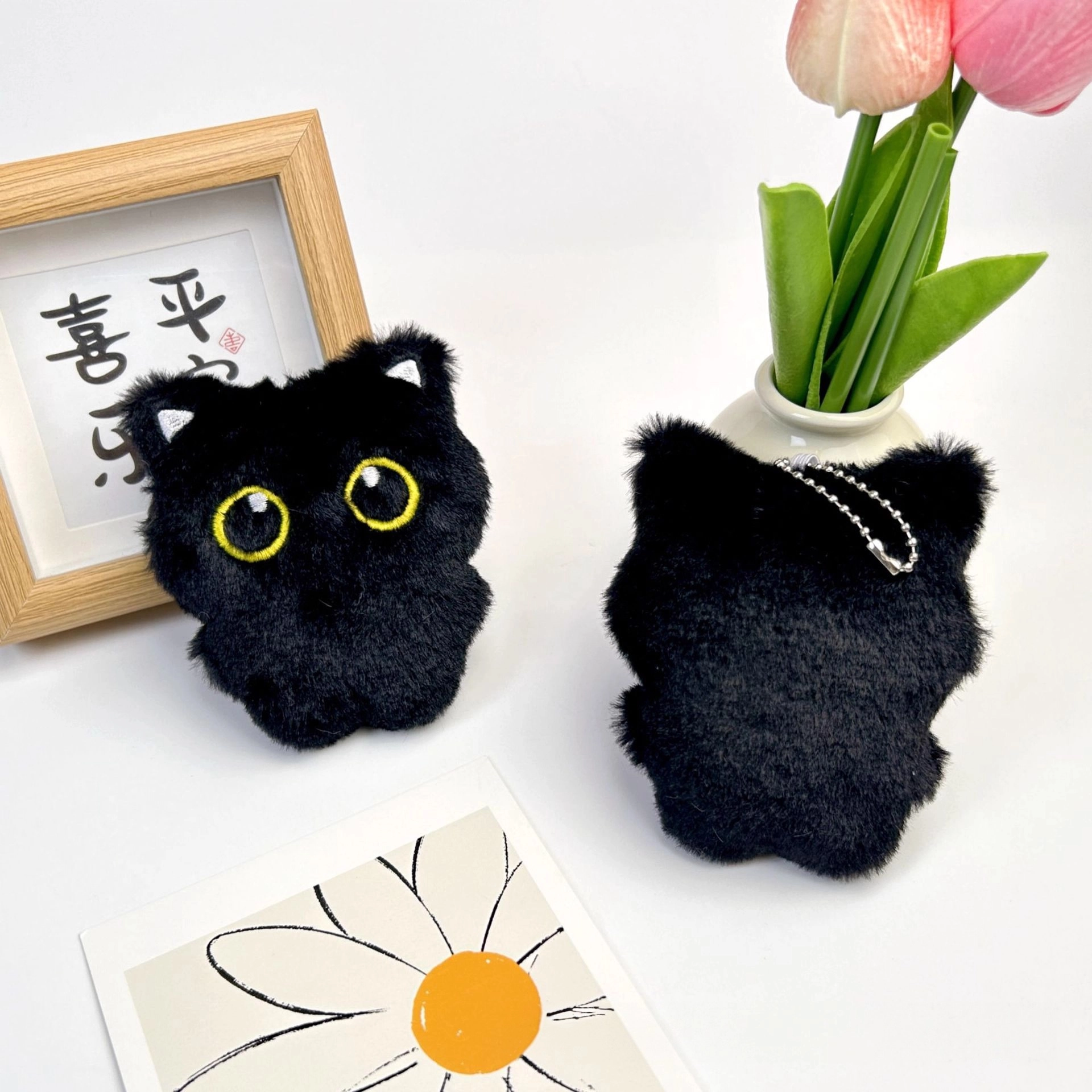 丹琴 煤球小黑猫咪 可爱卡通精灵玩偶萌趣创意手玩把件公仔书包背包挂饰百搭汽车钥匙扣 毛绒 挂件 男女同款情侣款