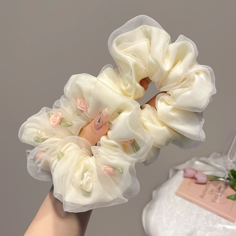 丹琴 甜美玫瑰花朵网纱大肠扎头发高弹力丸子 发圈 女款