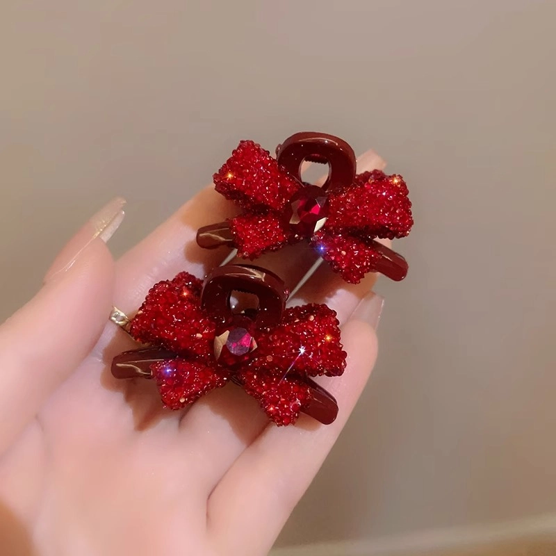 丹琴 甜美可爱红色蝴蝶结水钻小抓夹简约气质刘海夹侧边碎发卡发饰 树脂 发夹 女款