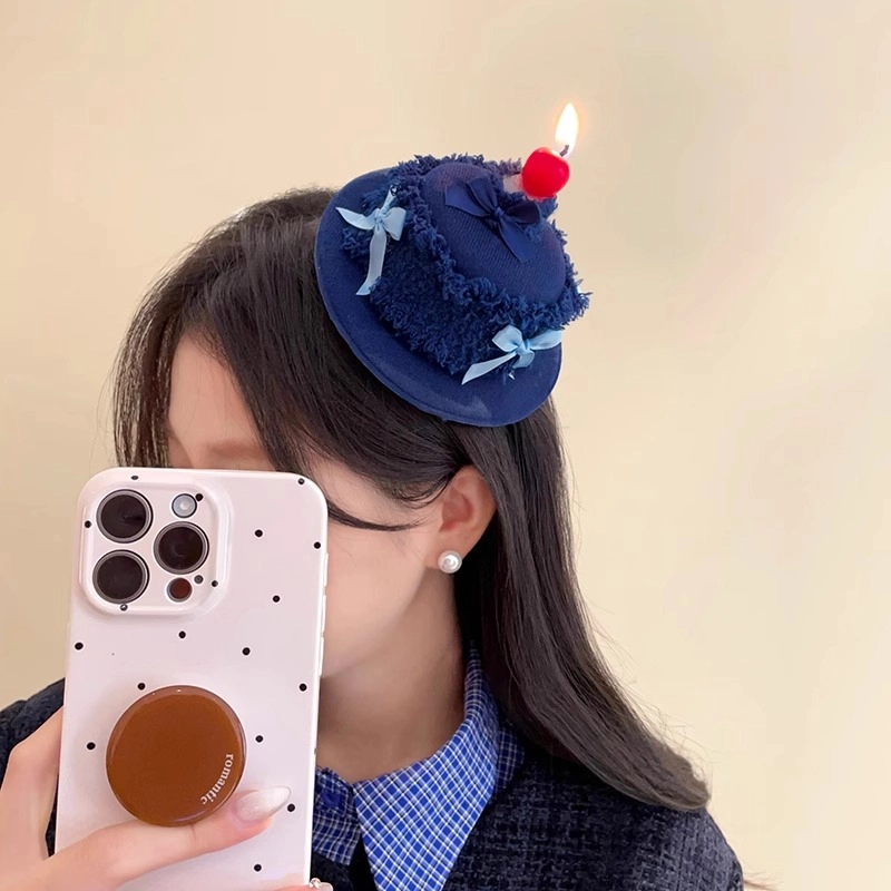 丹琴 可点燃 奶油蛋糕牛仔生日帽边夹蜡烛发卡创意搞怪拍照玩具帽子头饰 布艺 发夹 女款