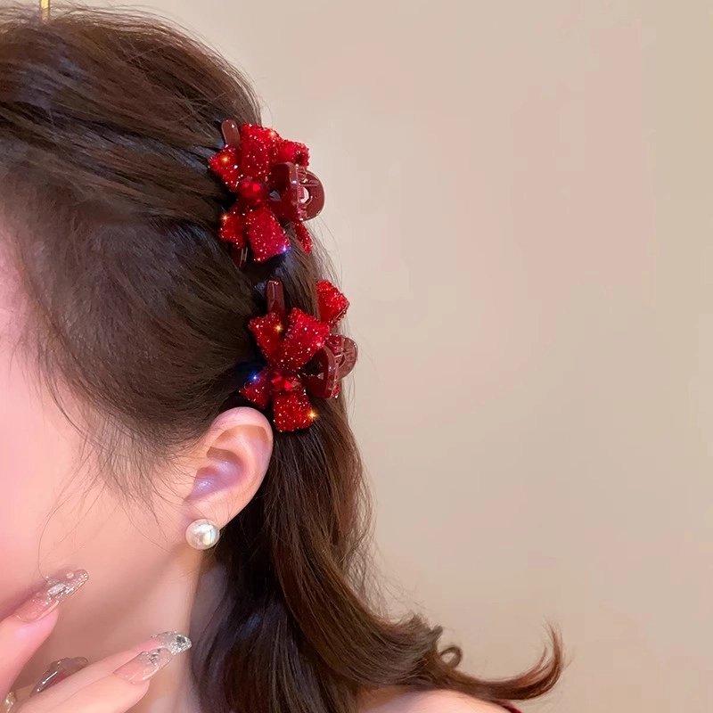 丹琴 甜美可爱红色蝴蝶结水钻小抓夹简约气质刘海夹侧边碎发卡发饰 树脂 发夹 女款