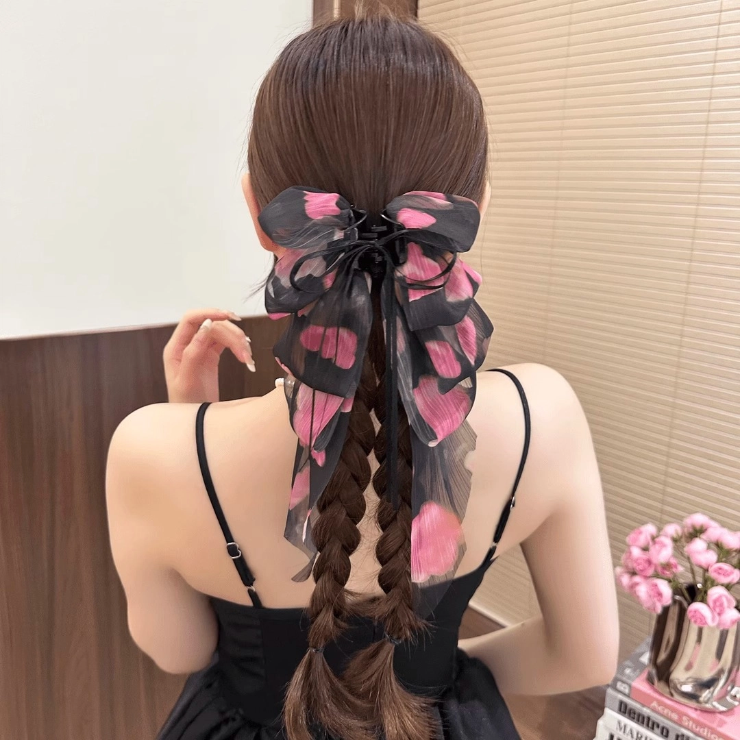 丹琴 法式玫瑰碎花飘带蝴蝶结抓夹 甜美半扎马尾夹高级感后脑勺头饰 雪纺 发夹 女款