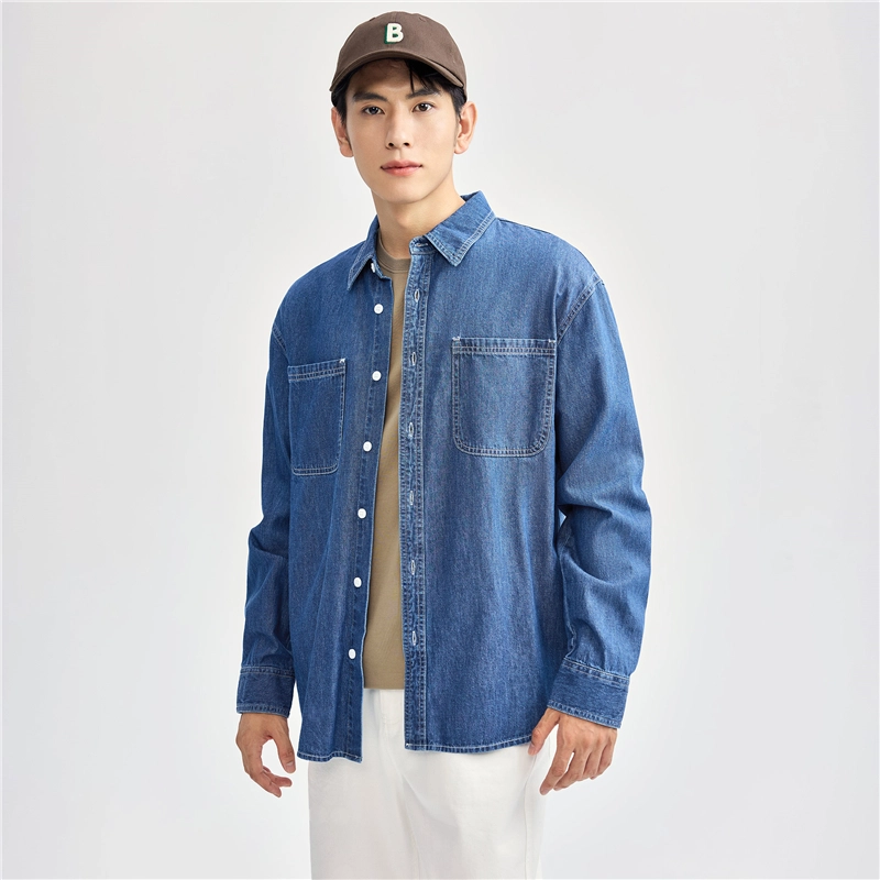 佐丹奴 纯棉潮流时尚明线口袋长袖牛仔长袖衬衫 男款