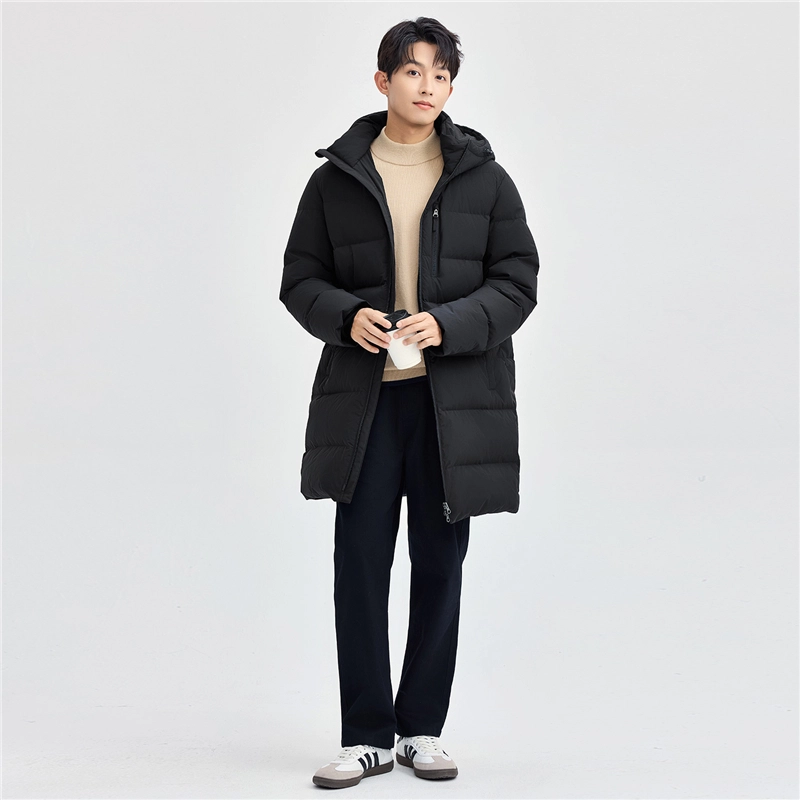 佐丹奴 鸭绒多口袋连帽梭织中长款羽绒服 男款