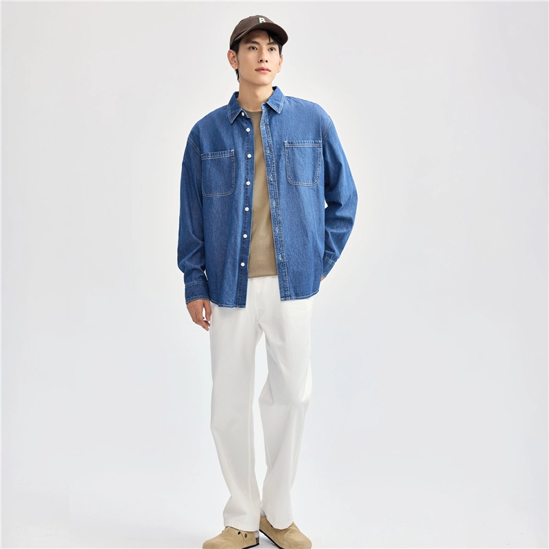 佐丹奴 纯棉潮流时尚明线口袋长袖牛仔长袖衬衫 男款