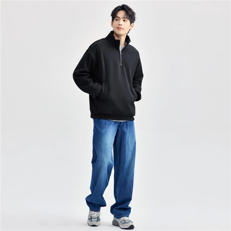 佐丹奴 拉链加绒保暖破骨口袋立领半开胸休闲针织卫衣 男款