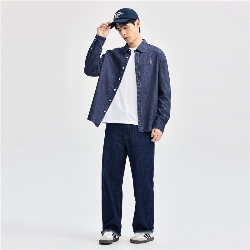 佐丹奴 纯棉小熊刺绣长袖牛仔长袖衬衫 男款