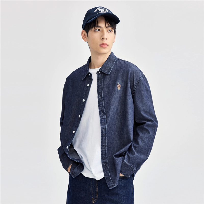 佐丹奴 纯棉小熊刺绣长袖牛仔长袖衬衫 男款