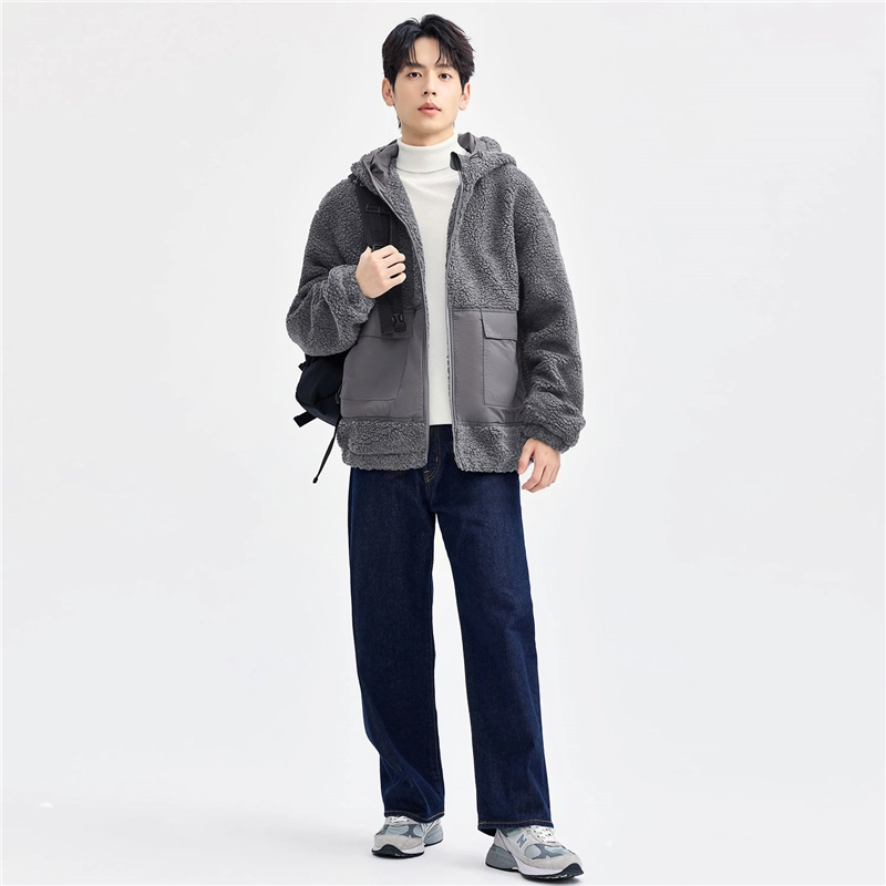 佐丹奴 羊羔绒针梭织保暖拼接工装口袋连帽夹克外套 男女同款