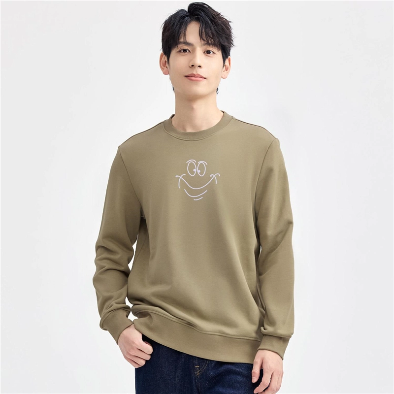 佐丹奴 线描笑脸印花圆领长袖套头卫衣 男款