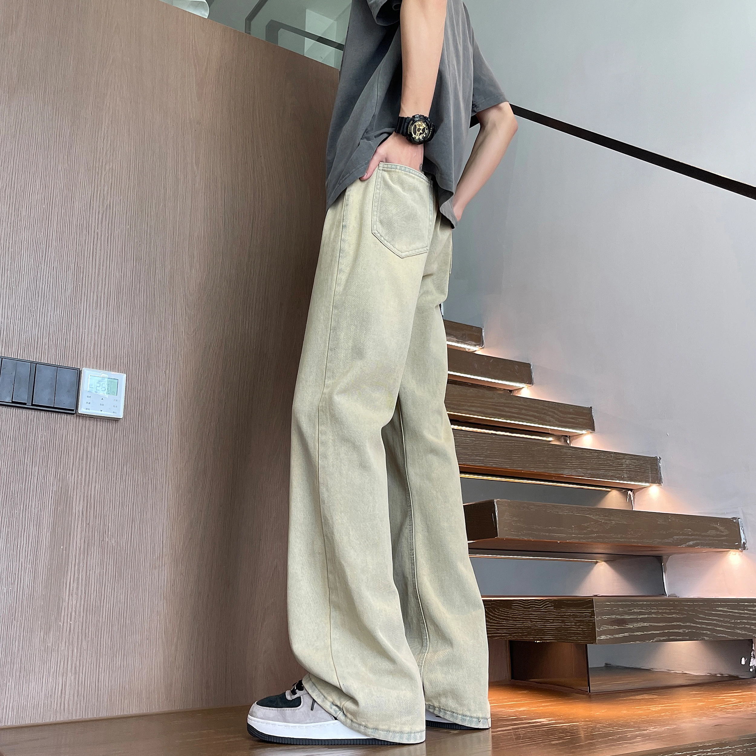 曼城 美式高街复古水洗做旧简约基础款宽松休闲舒适凉感透气时尚潮流日常通勤百搭牛仔裤 男女同款