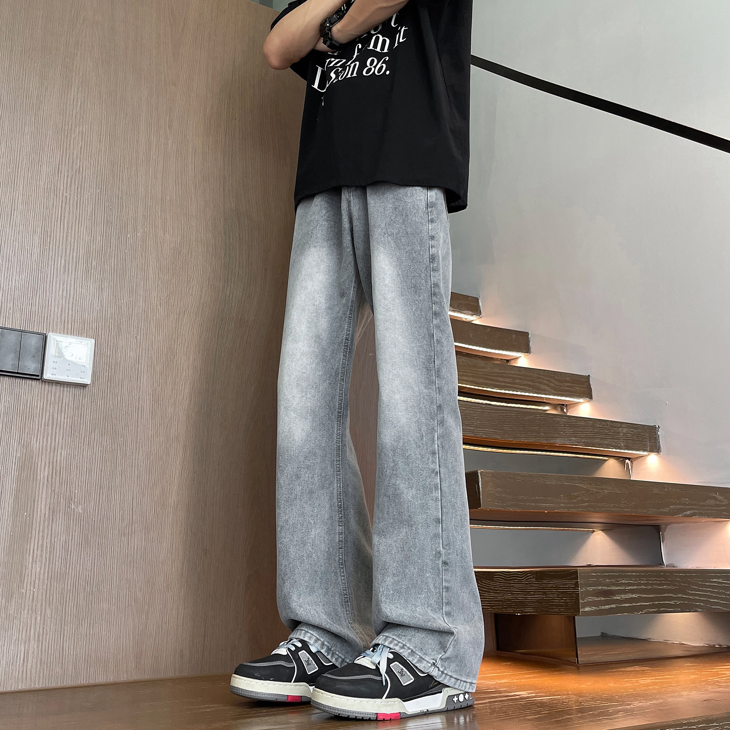 曼城 美式高街复古水洗做旧简约基础款宽松休闲舒适凉感透气时尚潮流日常通勤百搭牛仔裤 男女同款
